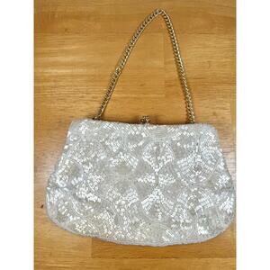 Vintage Ivory White Beaded Purse Evening Bag Clutch Made in Korea